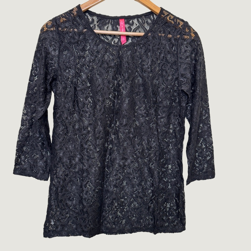 Ruby Ribbon Women Lace Top S Black 3/4 Sleeve Sheer Floral Scoop Neck Whimsygoth